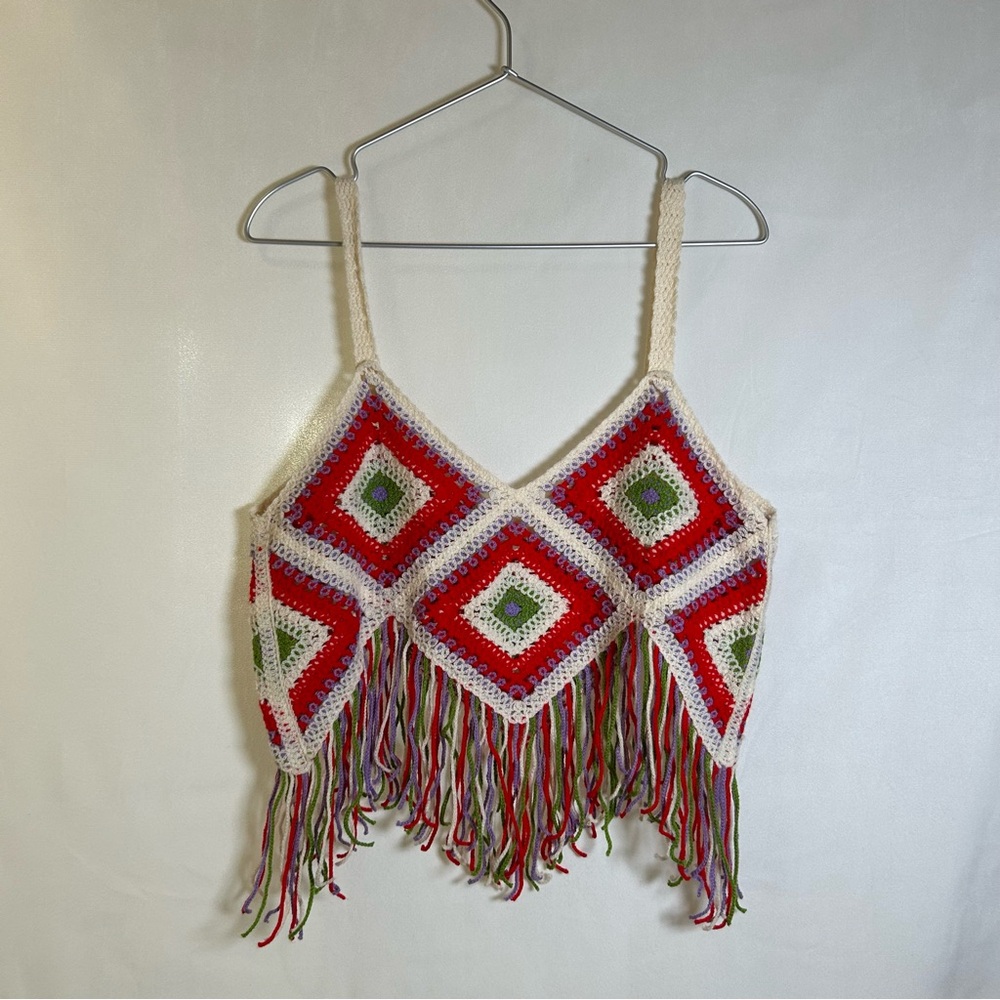 Granny Square Crochet Knit Boho Crop Top, Orange & Green, Fringe Trim. Size S/M